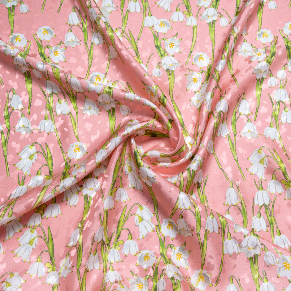 White Lily of the Valley Salmon Pink Silk Jacquard