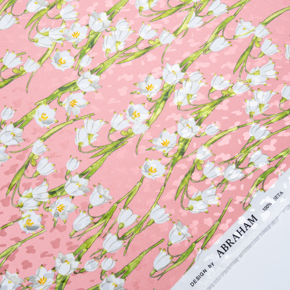 White Lily of the Valley Salmon Pink Silk Jacquard