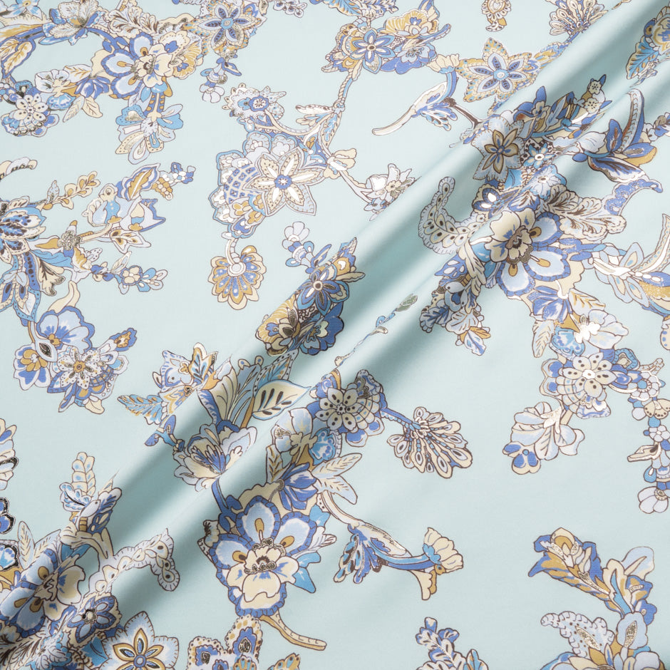 Blue & Cream Floral Vision Printed Blue Metallic Cotton