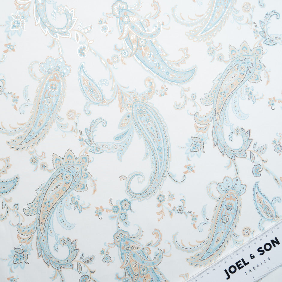 Pale Blue & Beige Vision Printed White Metallic Cotton