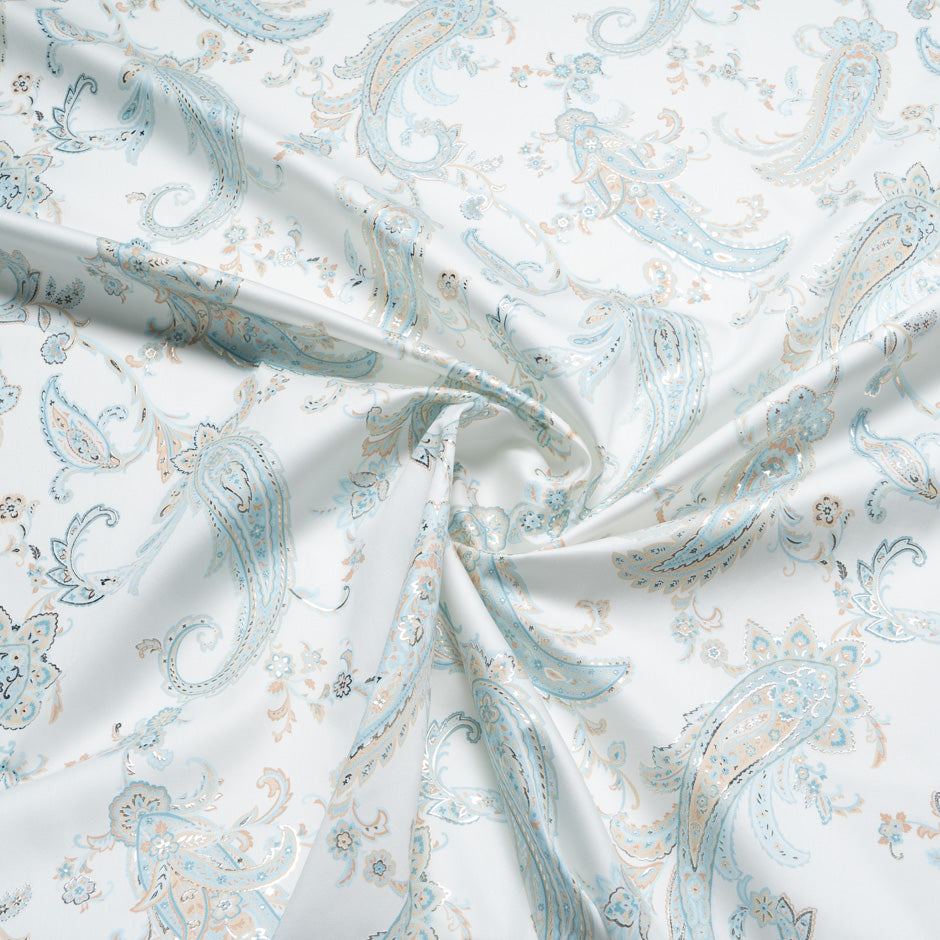 Pale Blue & Beige Vision Printed White Metallic Cotton