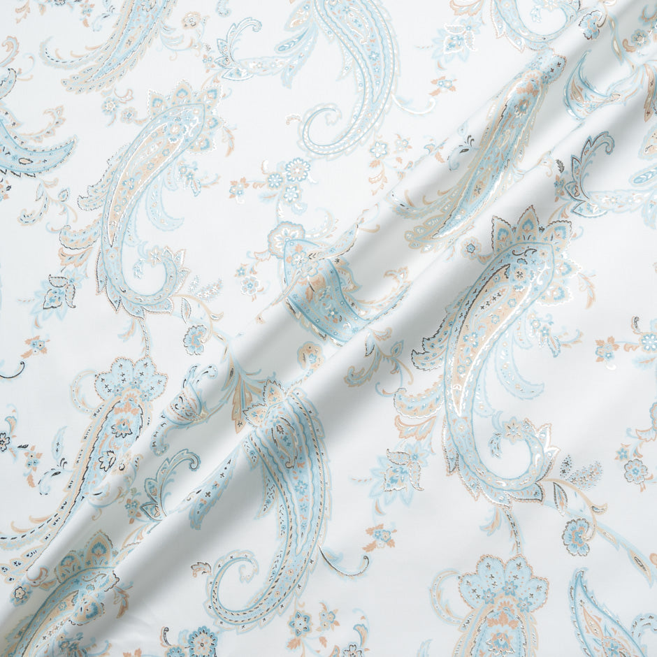 Pale Blue & Beige Vision Printed White Metallic Cotton