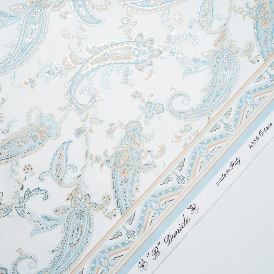 Pale Blue & Beige Vision Printed White Metallic Cotton