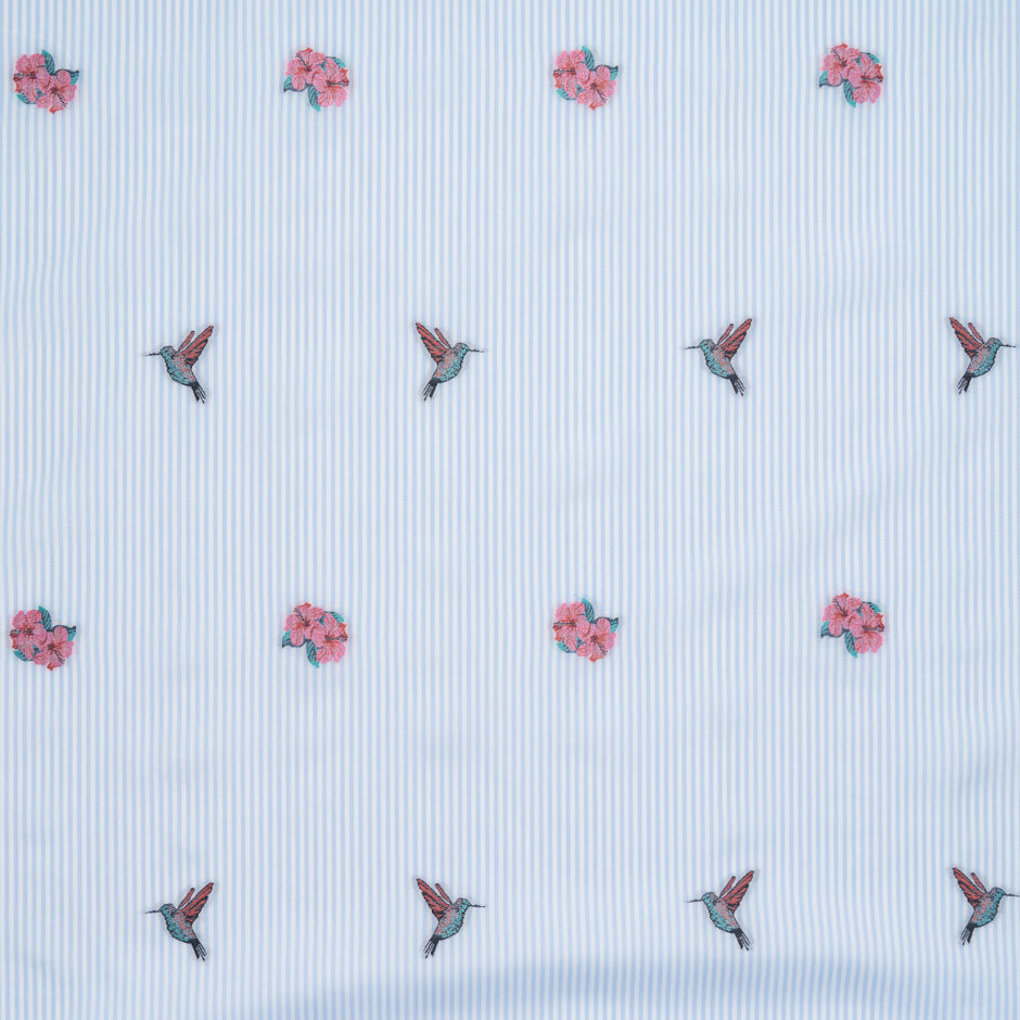 Bird & Floral Embroidered Striped Superfine Cotton