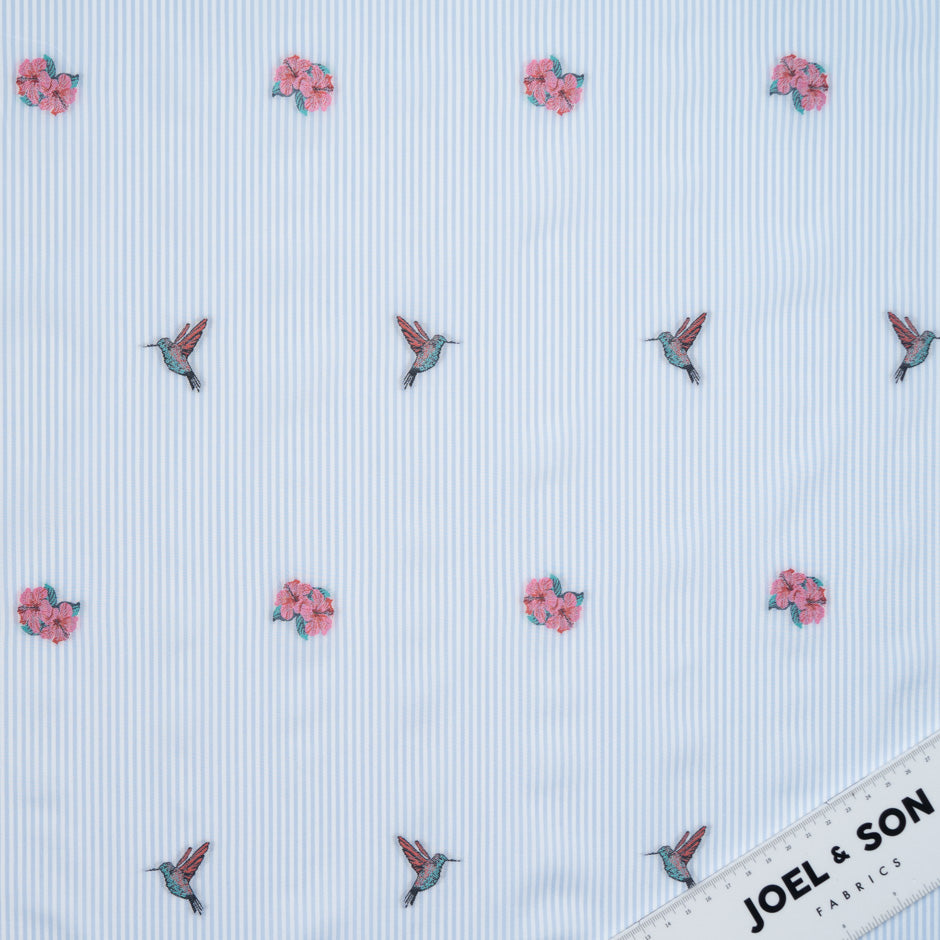 Bird & Floral Embroidered Striped Superfine Cotton