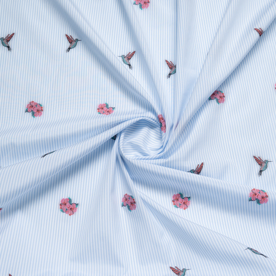 Bird & Floral Embroidered Striped Superfine Cotton