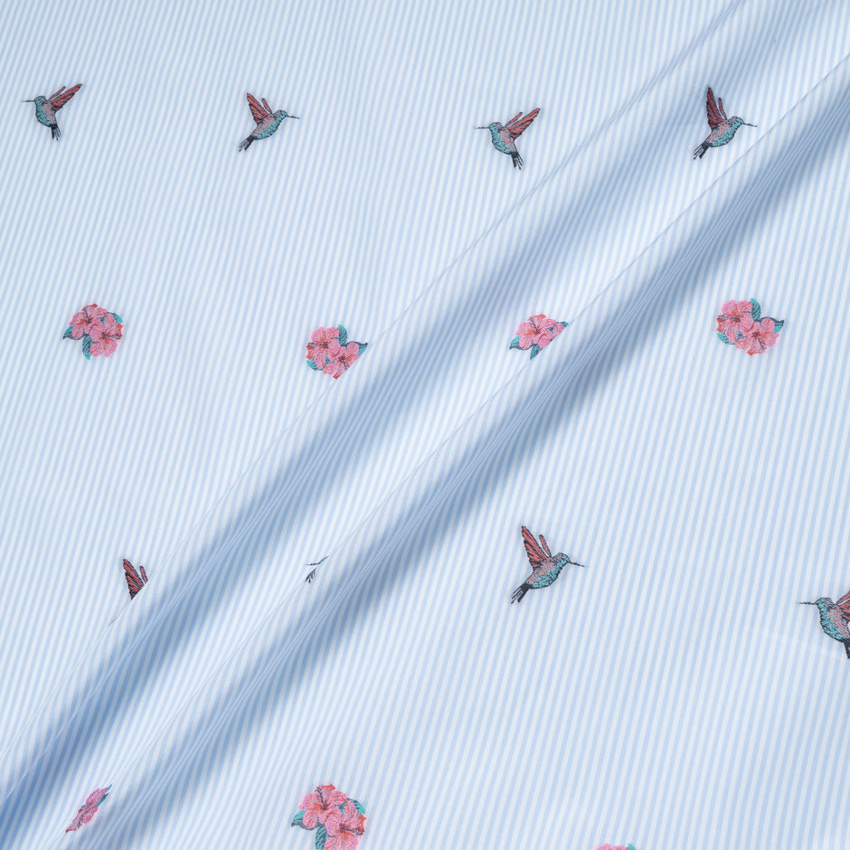 Bird & Floral Embroidered Striped Superfine Cotton