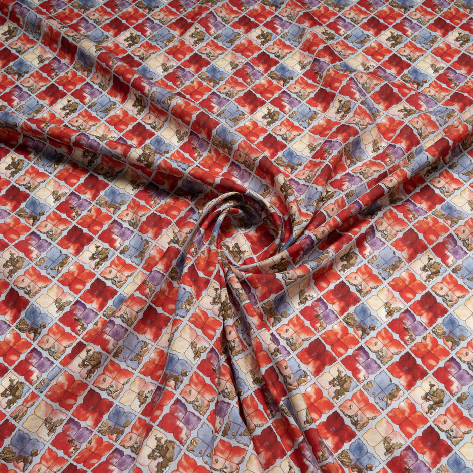 Red & Blue Floral 'Tile' Printed Pure Cotton (A 2.80m Piece)
