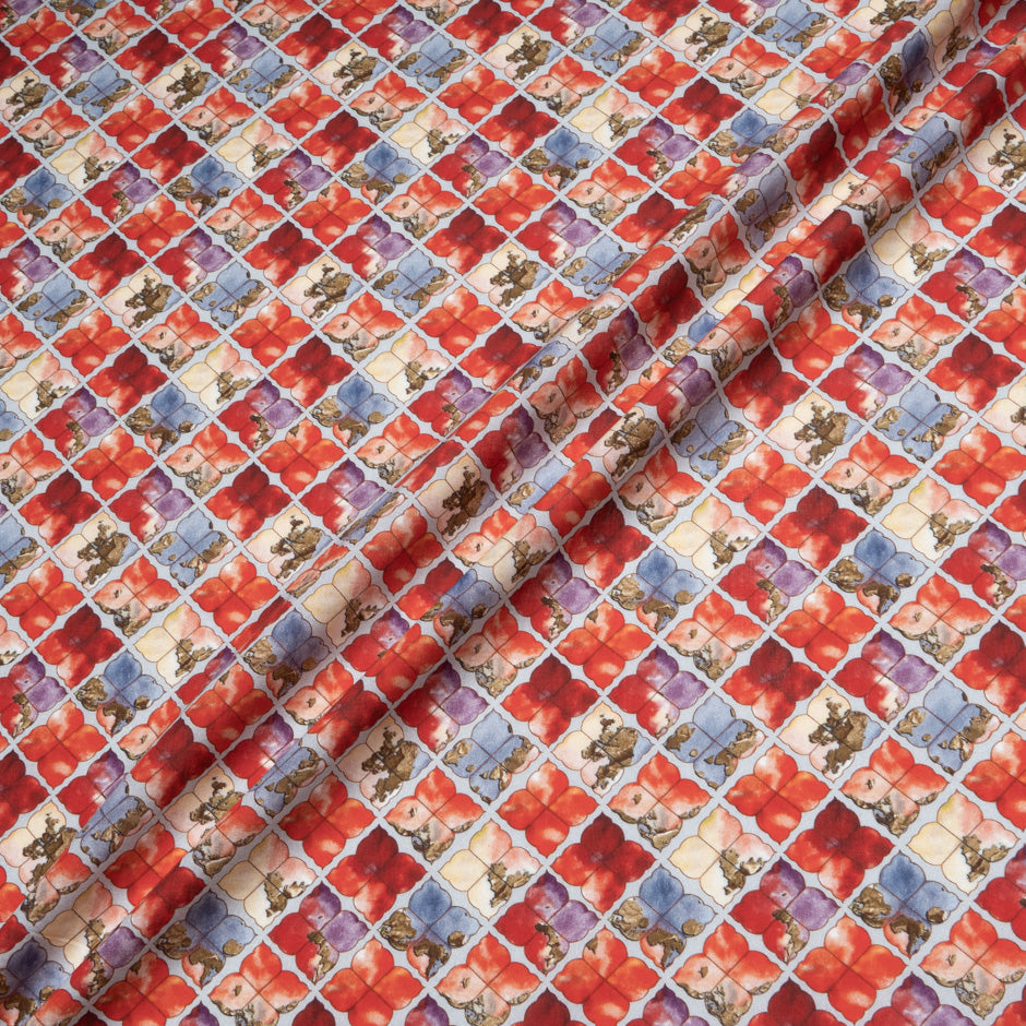 Red & Blue Floral 'Tile' Printed Pure Cotton (A 2.80m Piece)