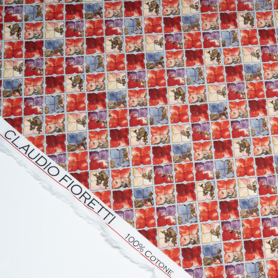 Red & Blue Floral 'Tile' Printed Pure Cotton (A 2.80m Piece)