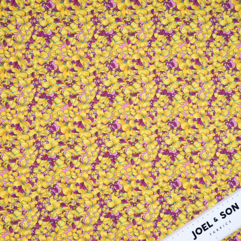 Yellow Floral Printed Pink Pure Luxury Cotton (A 3m Piece)