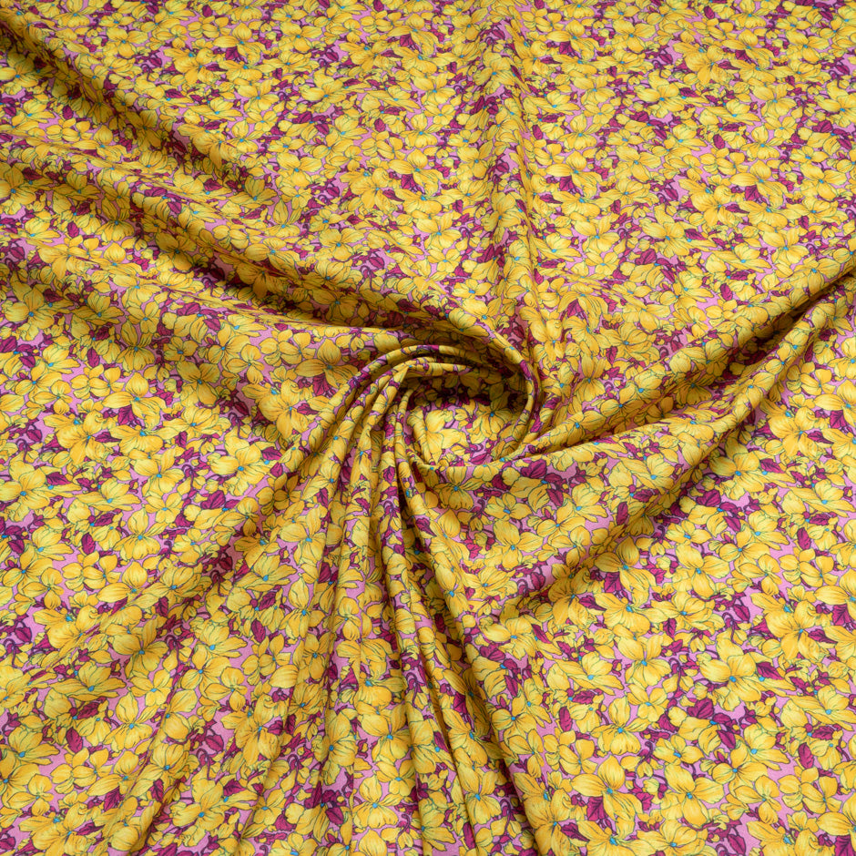 Yellow Floral Printed Pink Pure Luxury Cotton (A 3m Piece)