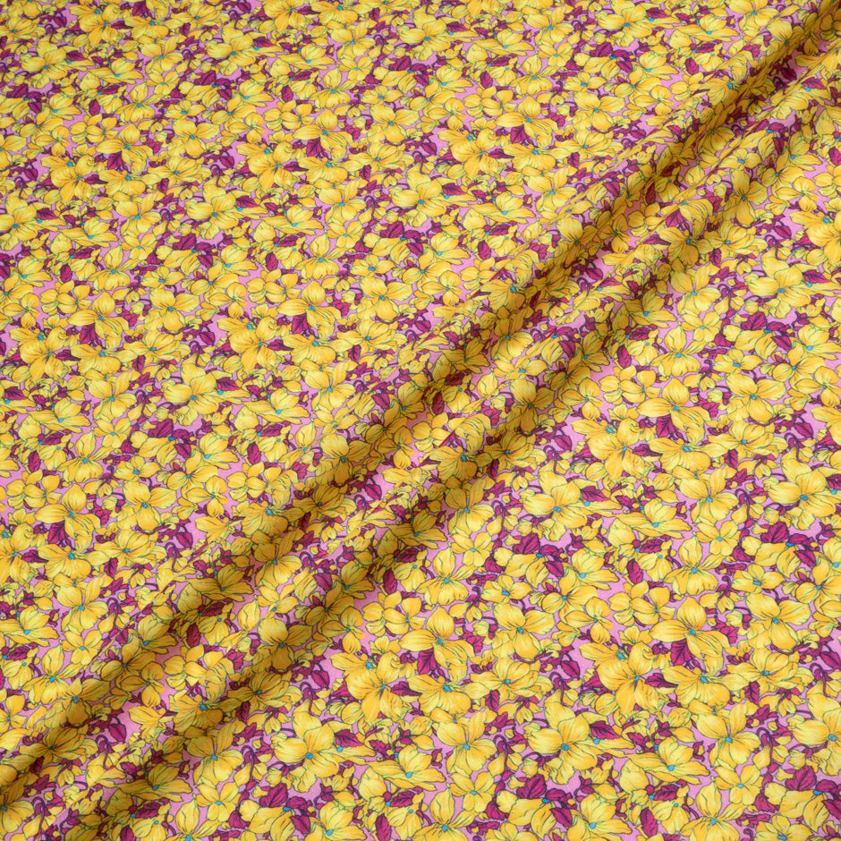 Yellow Floral Printed Pink Pure Luxury Cotton (A 3m Piece)