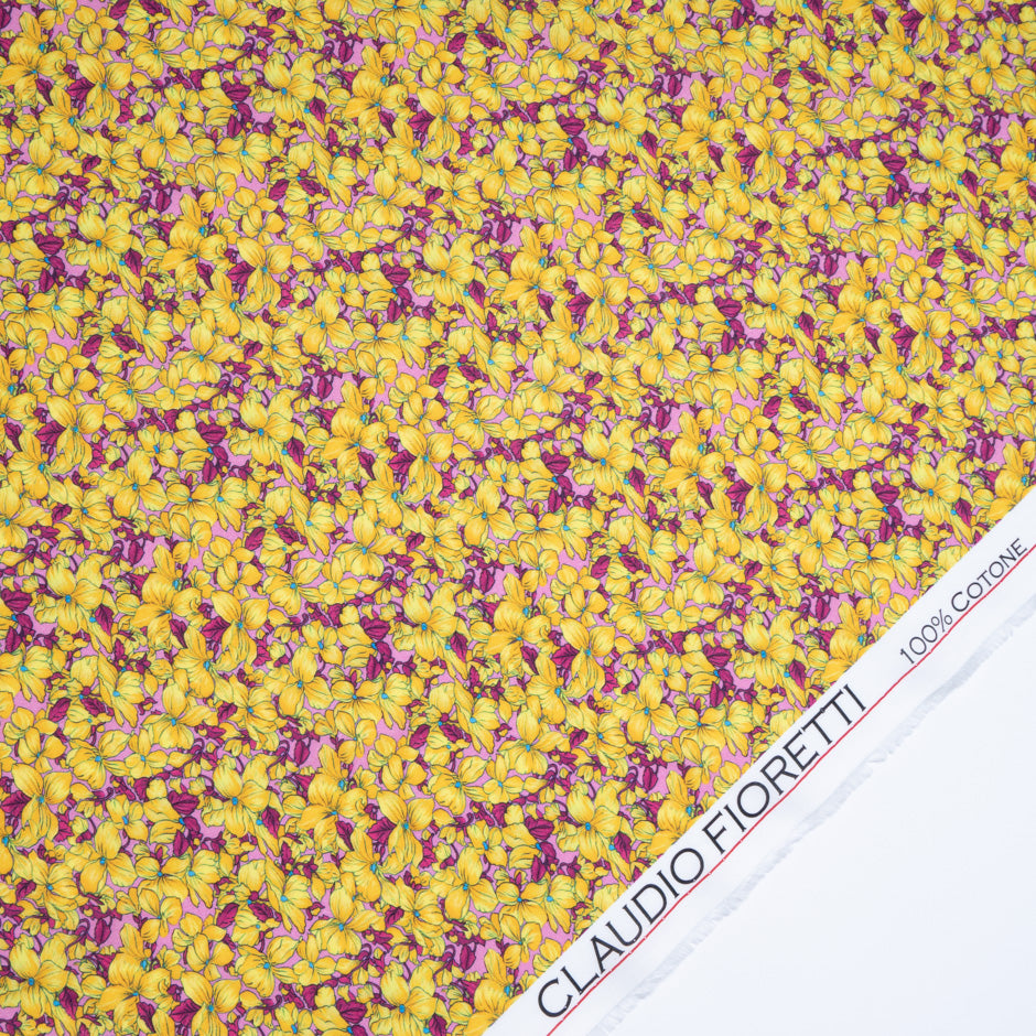 Yellow Floral Printed Pink Pure Luxury Cotton (A 3m Piece)