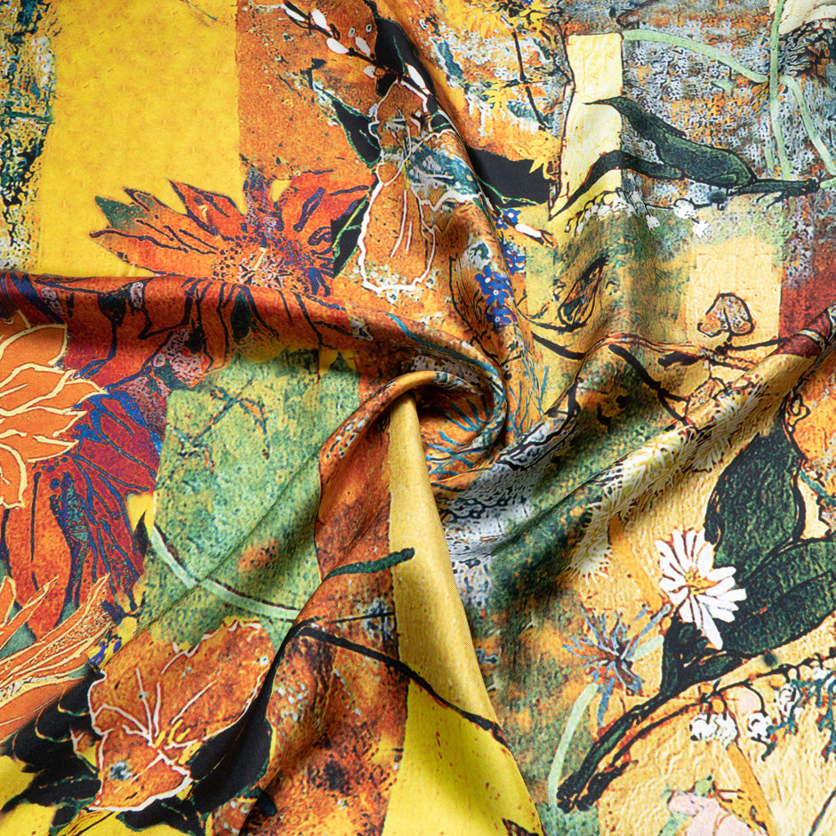 Abstract Patchwork Floral Printed Pure Silk Twill