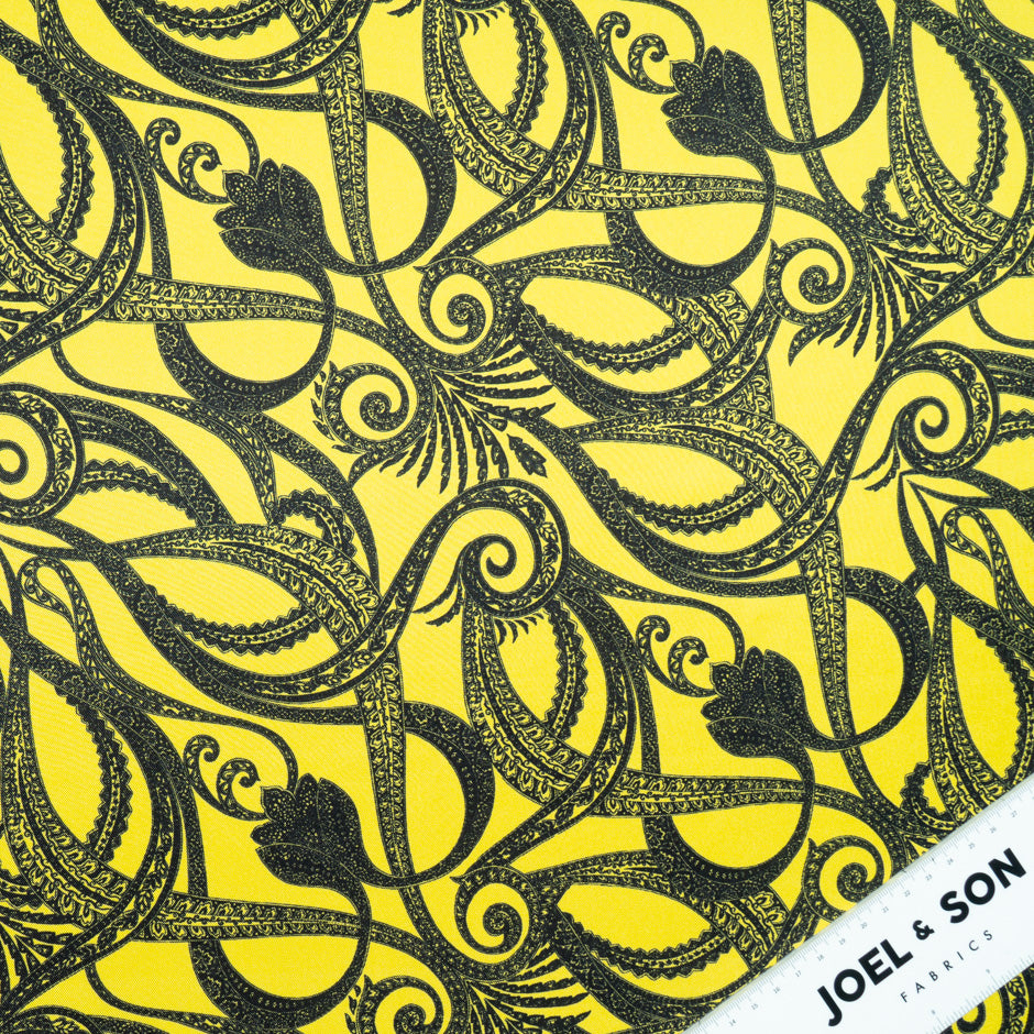 Black Patterned Canary Yellow Printed Silk Twill