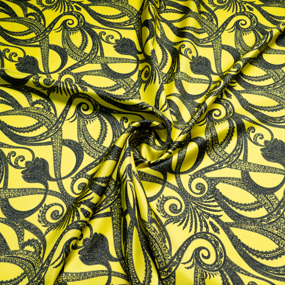 Black Patterned Canary Yellow Printed Silk Twill
