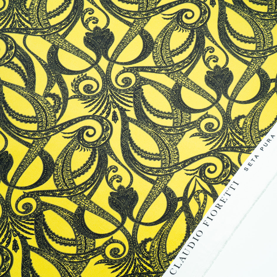 Black Patterned Canary Yellow Printed Silk Twill