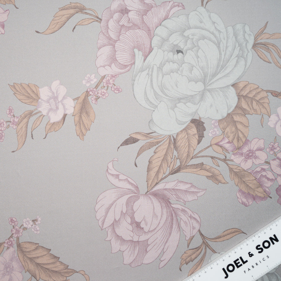 Floral Printed Pale Grey Silk Twill