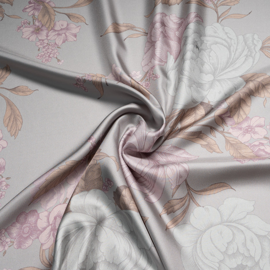 Floral Printed Pale Grey Silk Twill