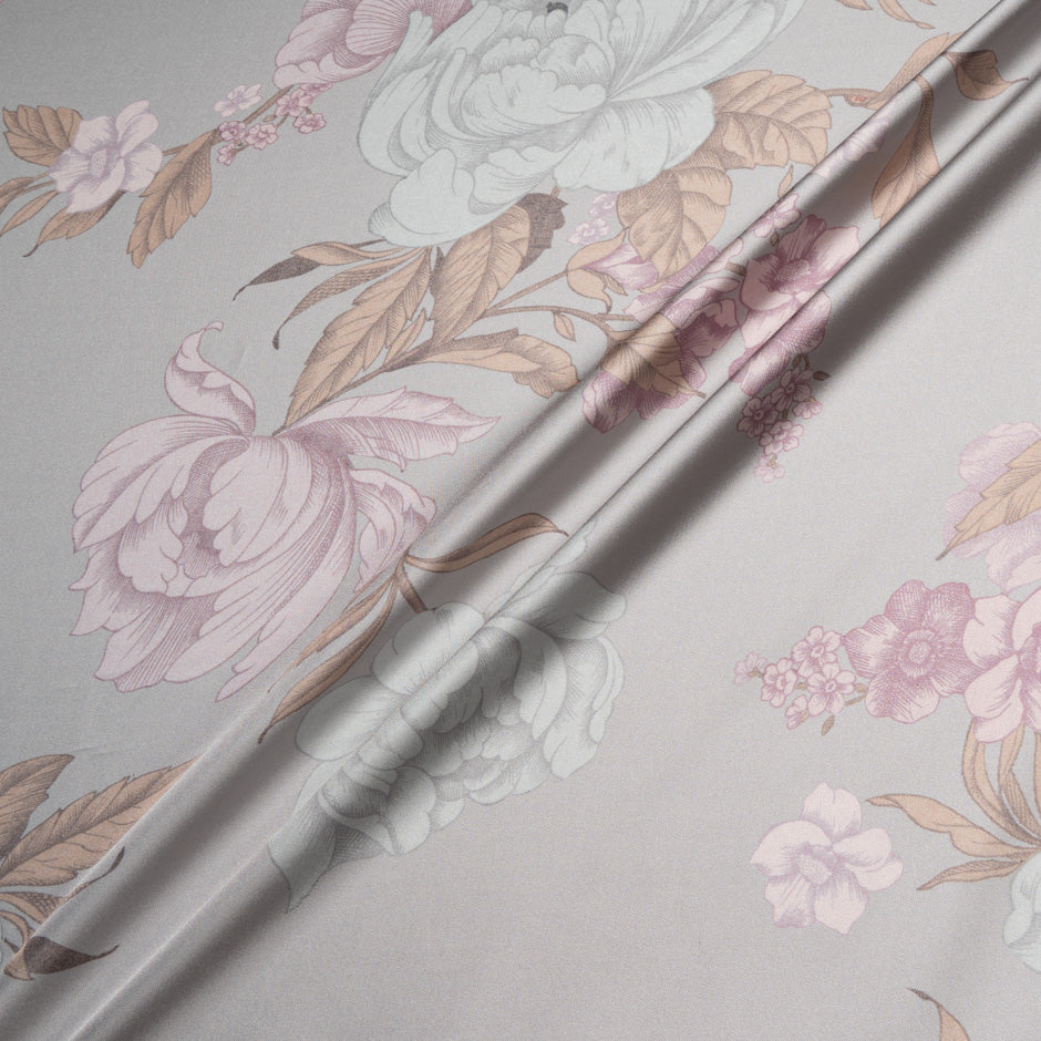 Floral Printed Pale Grey Silk Twill