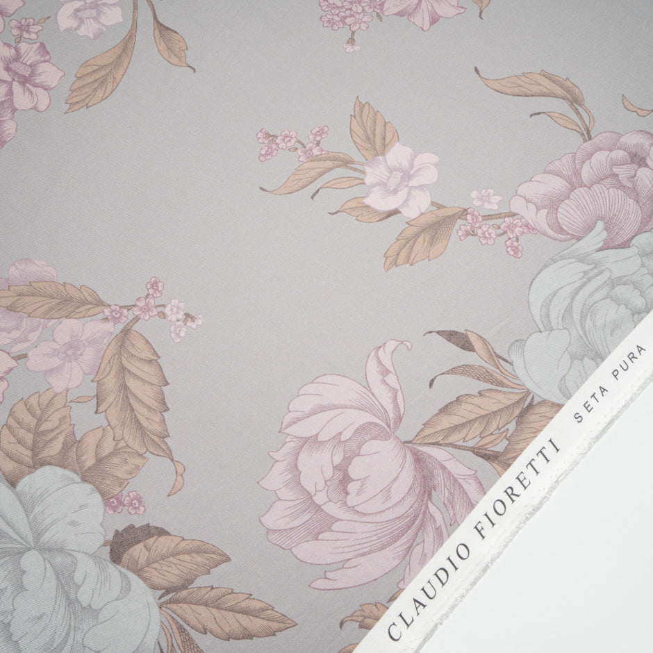 Floral Printed Pale Grey Silk Twill