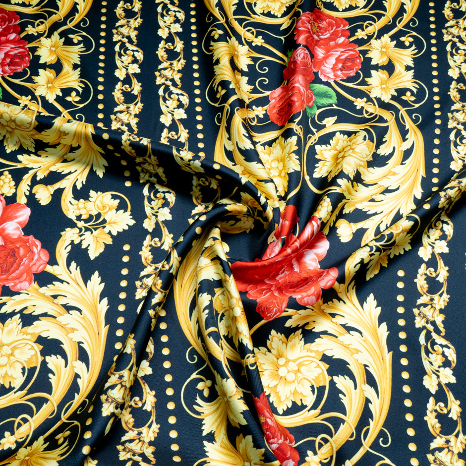 Red Rose & Yellow Baroque Printed Silk Twill