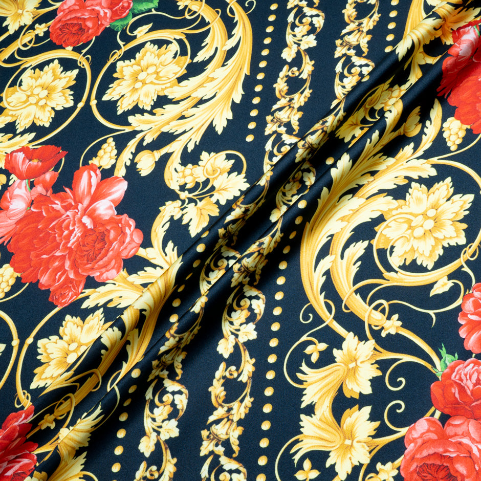Red Rose & Yellow Baroque Printed Silk Twill