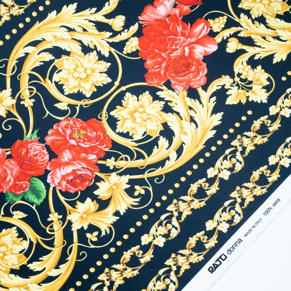 Red Rose & Yellow Baroque Printed Silk Twill