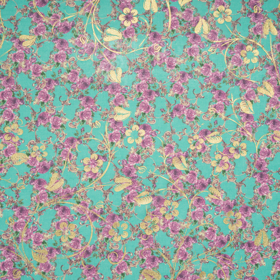 Pink Rose Printed Green Laminated Cotton Voile