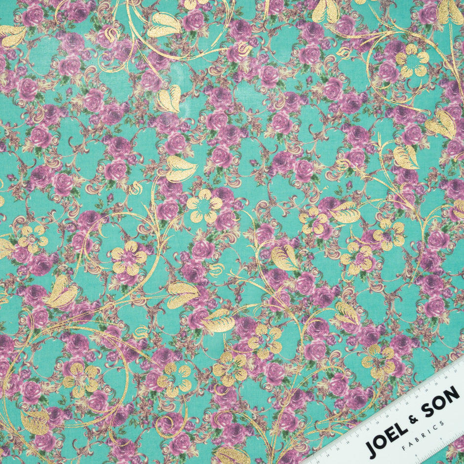 Pink Rose Printed Green Laminated Cotton Voile