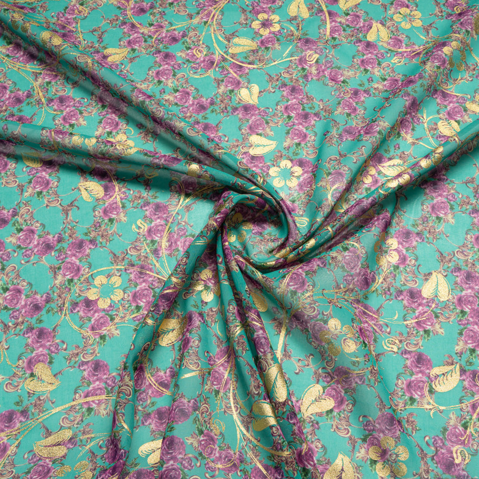 Pink Rose Printed Green Laminated Cotton Voile