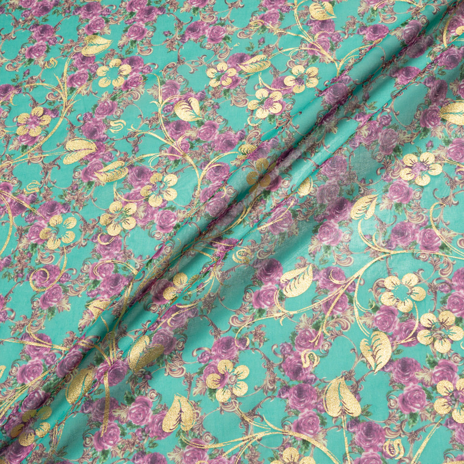 Pink Rose Printed Green Laminated Cotton Voile