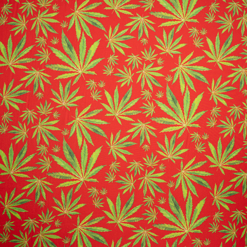 Green Cannabis Printed Red Silk Twill
