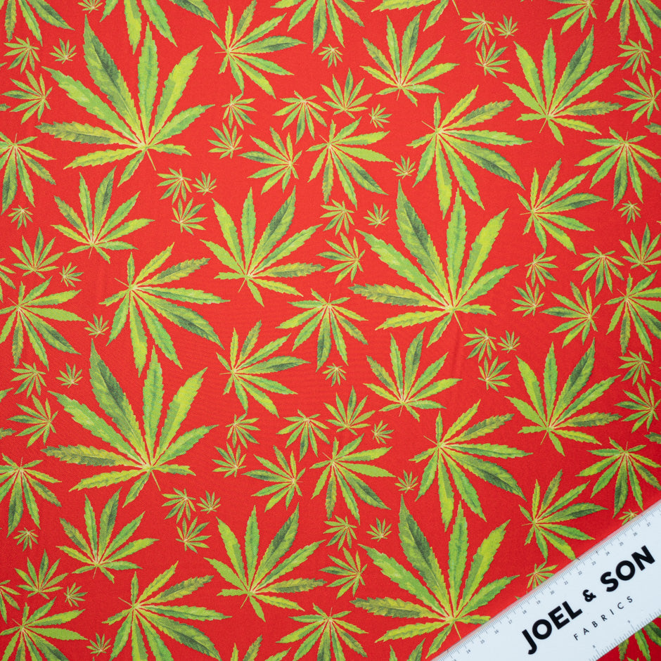Green Cannabis Printed Red Silk Twill