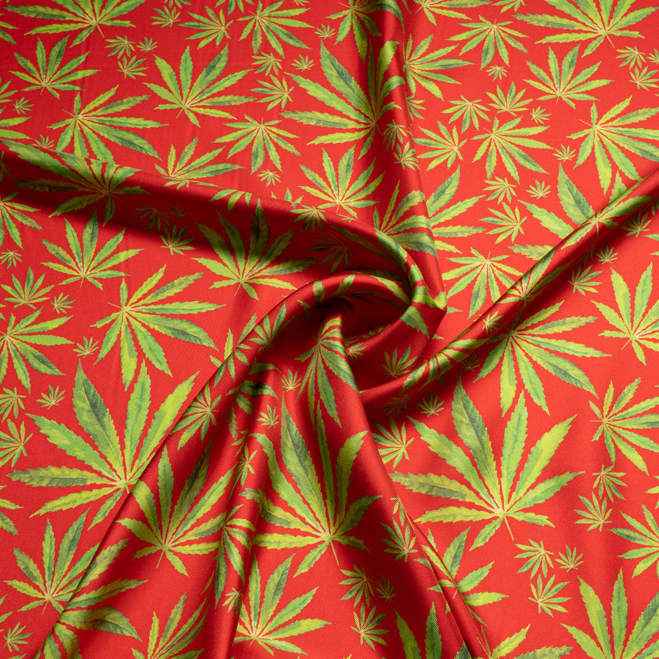 Green Cannabis Printed Red Silk Twill
