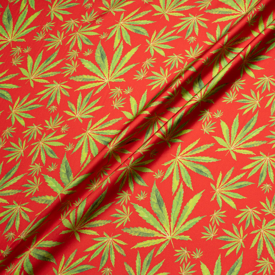 Green Cannabis Printed Red Silk Twill