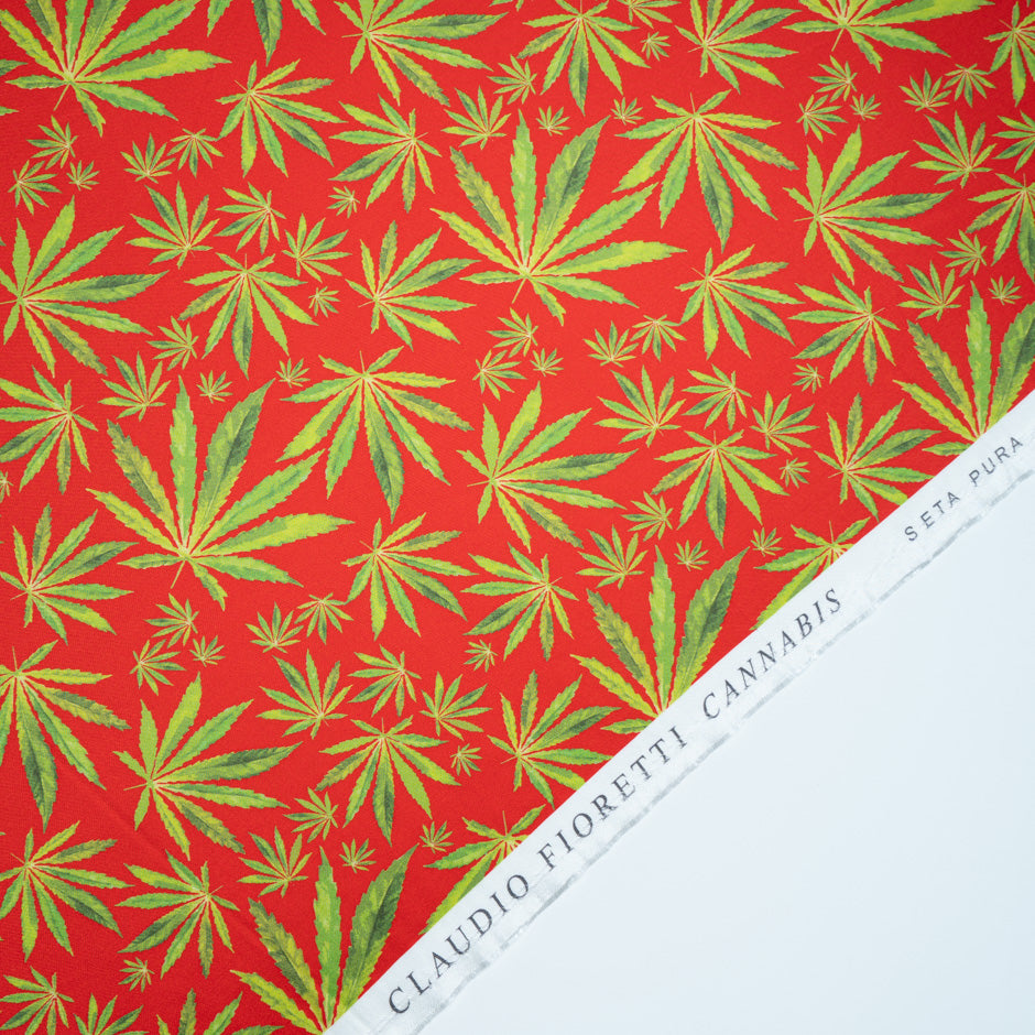 Green Cannabis Printed Red Silk Twill
