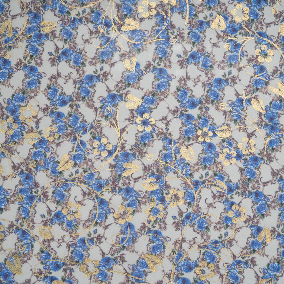 Blue Rose Printed Grey Laminated Cotton Voile