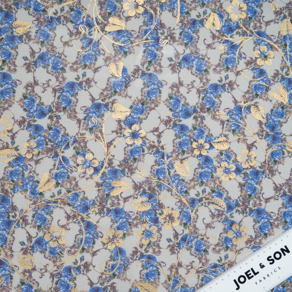 Blue Rose Printed Grey Laminated Cotton Voile