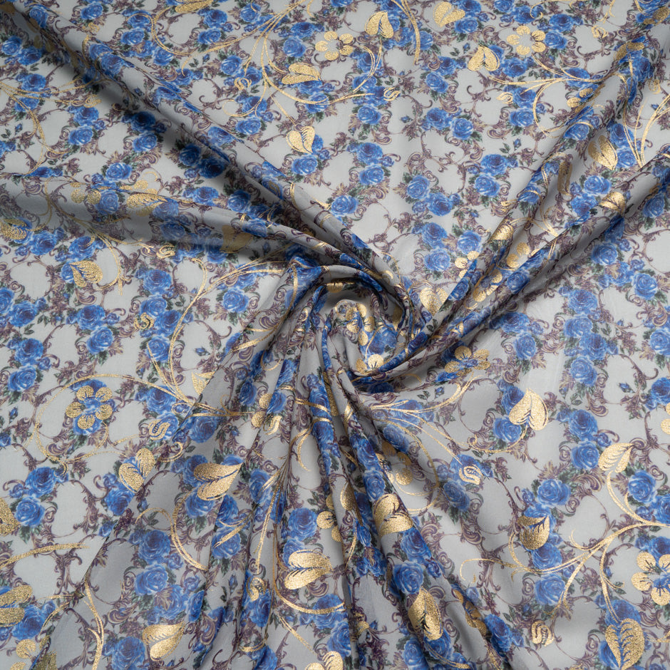 Blue Rose Printed Grey Laminated Cotton Voile