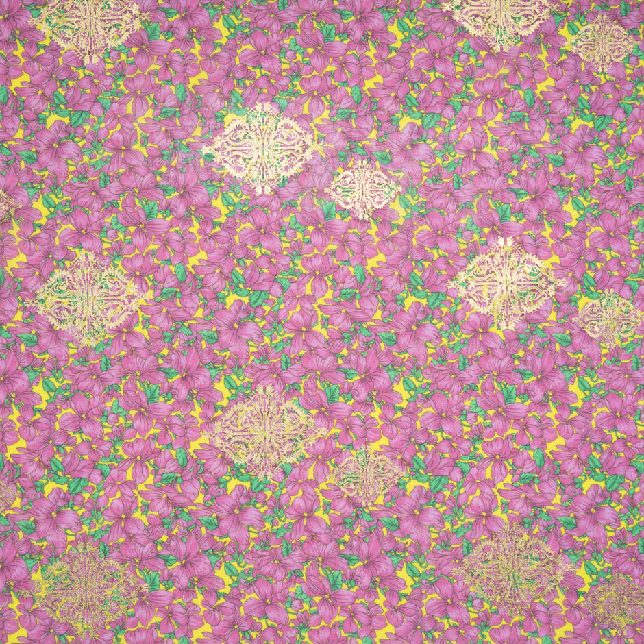 Pink Floral Printed Yellow Laminated Cotton Voile