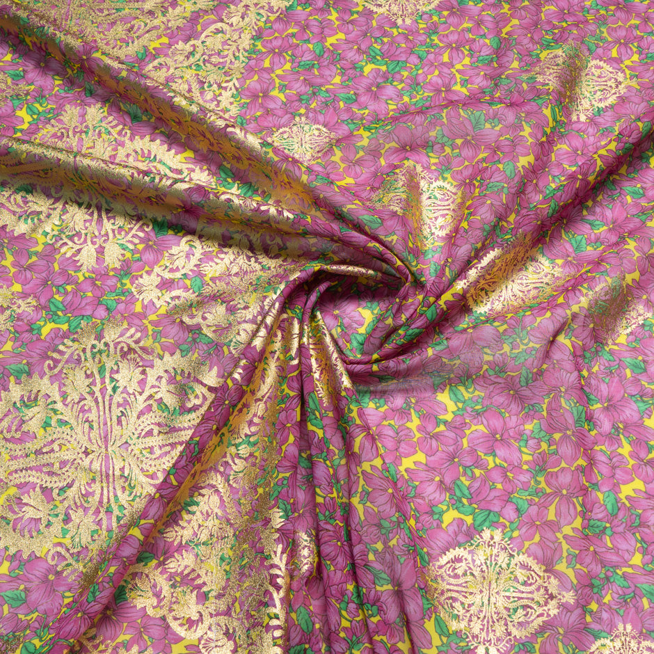 Pink Floral Printed Yellow Laminated Cotton Voile