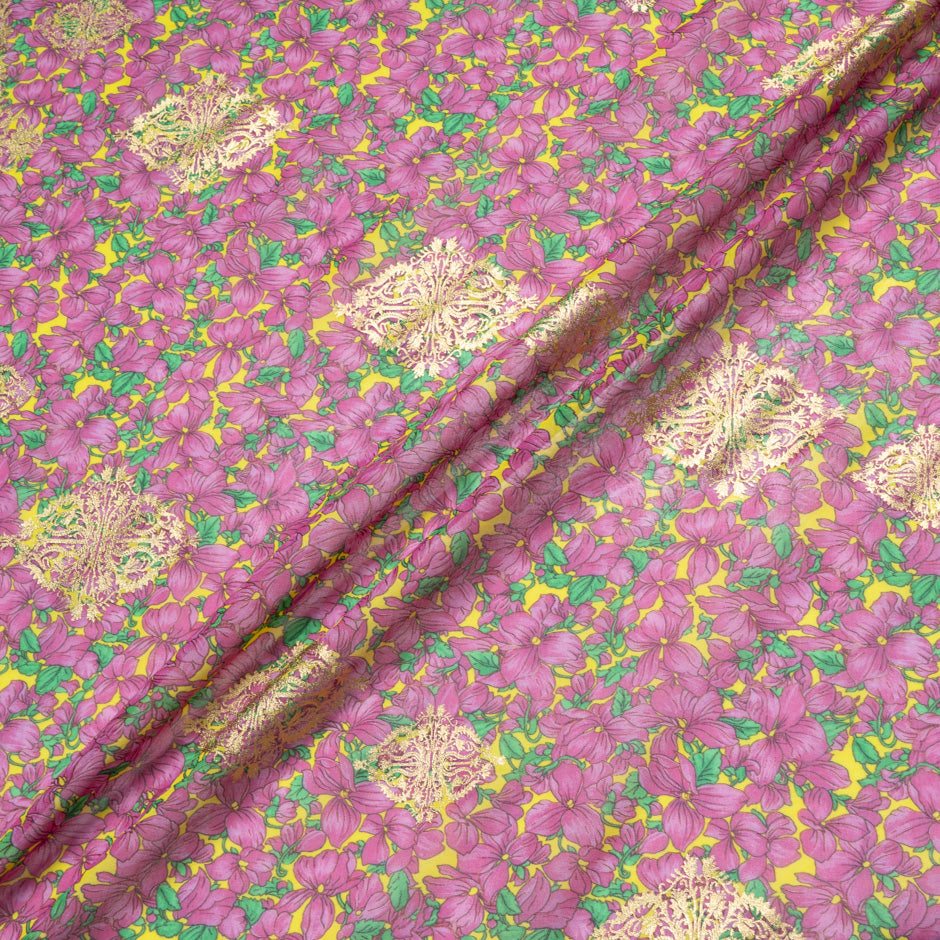 Pink Floral Printed Yellow Laminated Cotton Voile