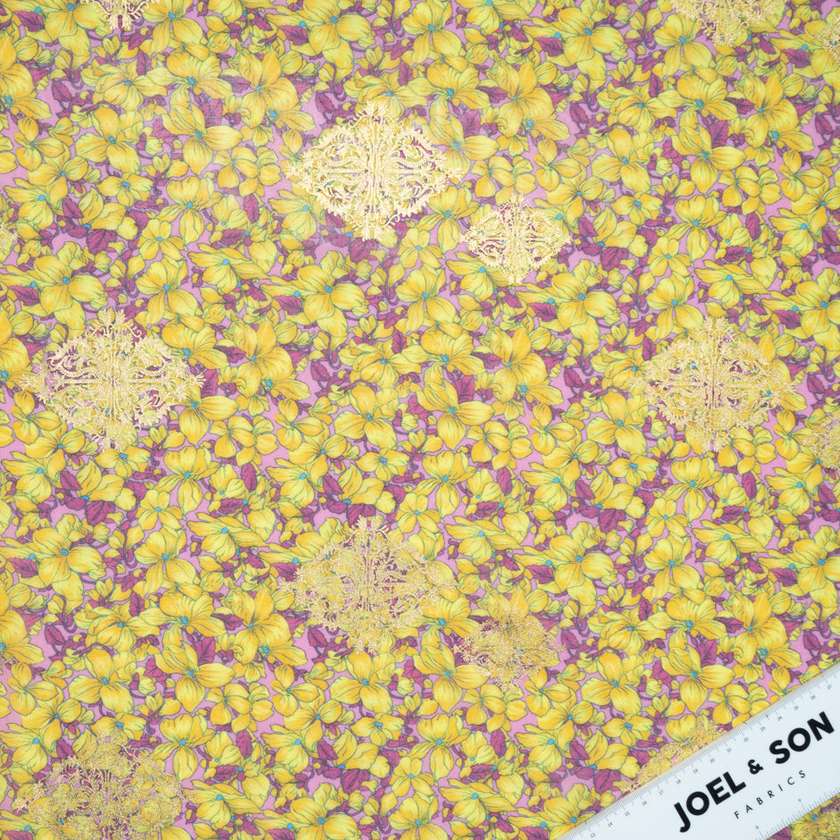Yellow Floral Printed Pink Laminated Cotton Voile