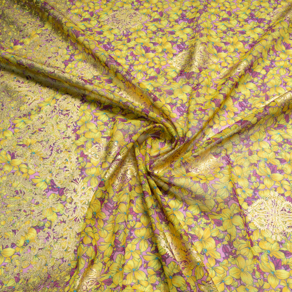 Yellow Floral Printed Pink Laminated Cotton Voile