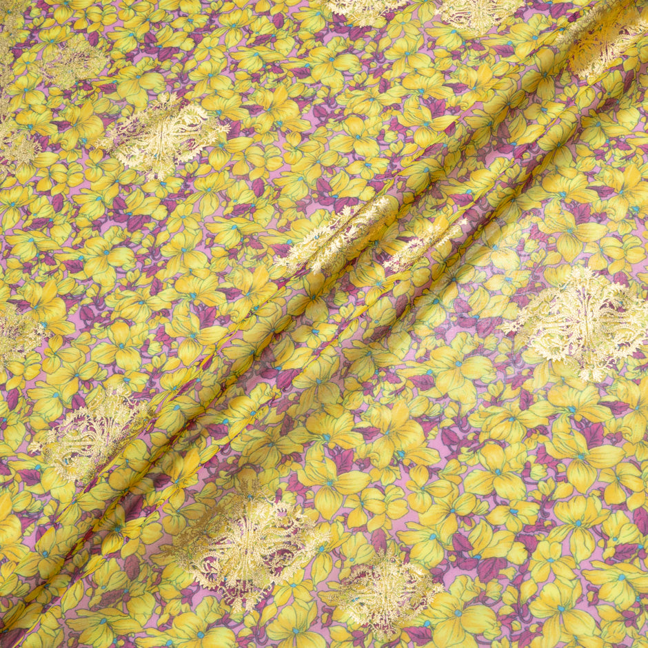 Yellow Floral Printed Pink Laminated Cotton Voile
