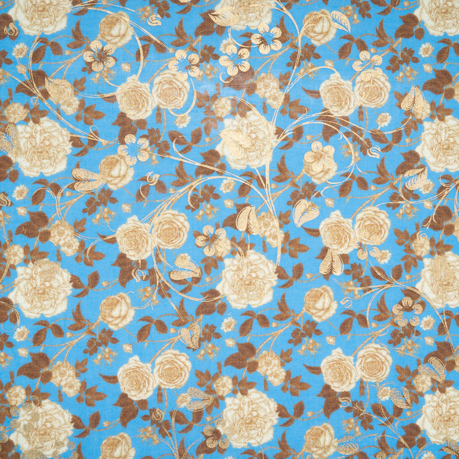 Beige Floral Printed Rich Blue Laminated Cotton Voile