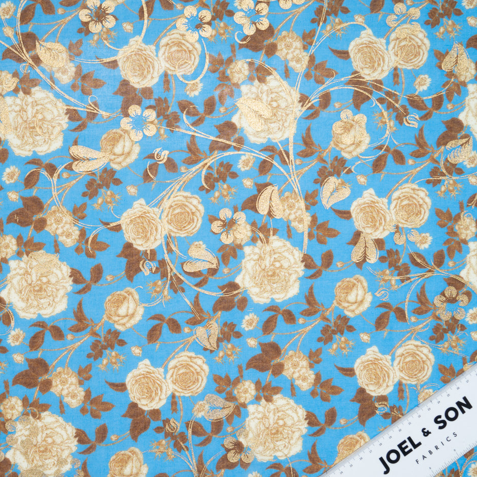 Beige Floral Printed Rich Blue Laminated Cotton Voile
