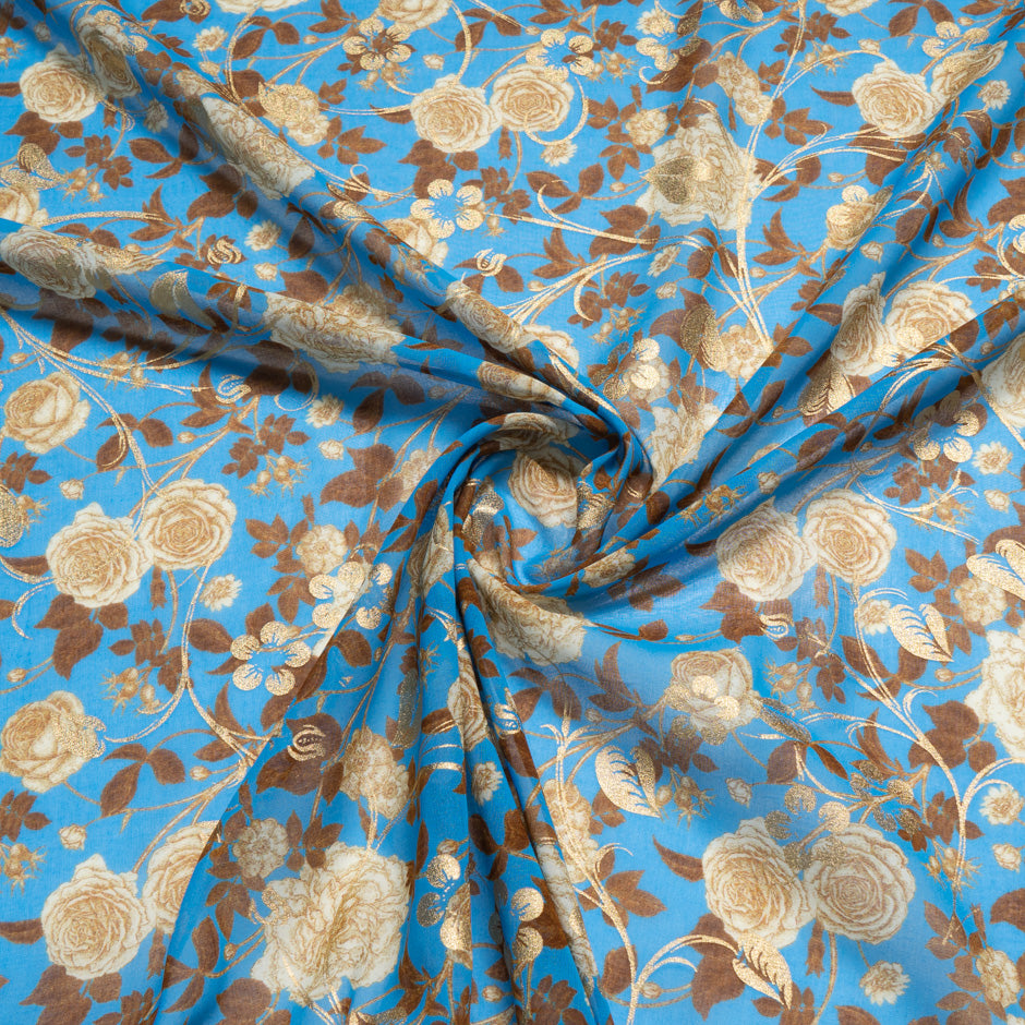 Beige Floral Printed Rich Blue Laminated Cotton Voile